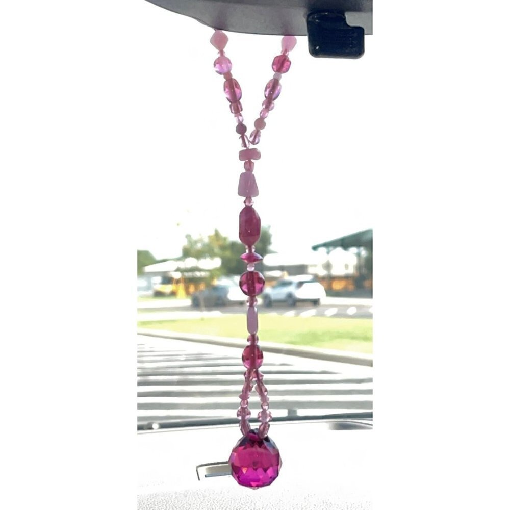 Beaded Suncatcher Rearview Mirror Ornament Pink Maroon Crystal Prism Car Charm